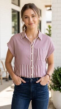 Jane + Delancey Red White Striped Rayon Top S